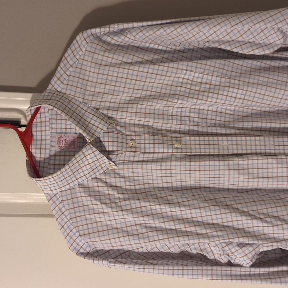 Brooks Brothers dress shirt, blue and brown stripes, 18 neck 34 sleeves
